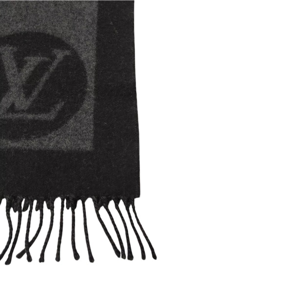 Authentic Louis Vuitton Gray Black Cashmere LV Monogram Baroda Scarf Stole Wrap - Picture 6 of 11